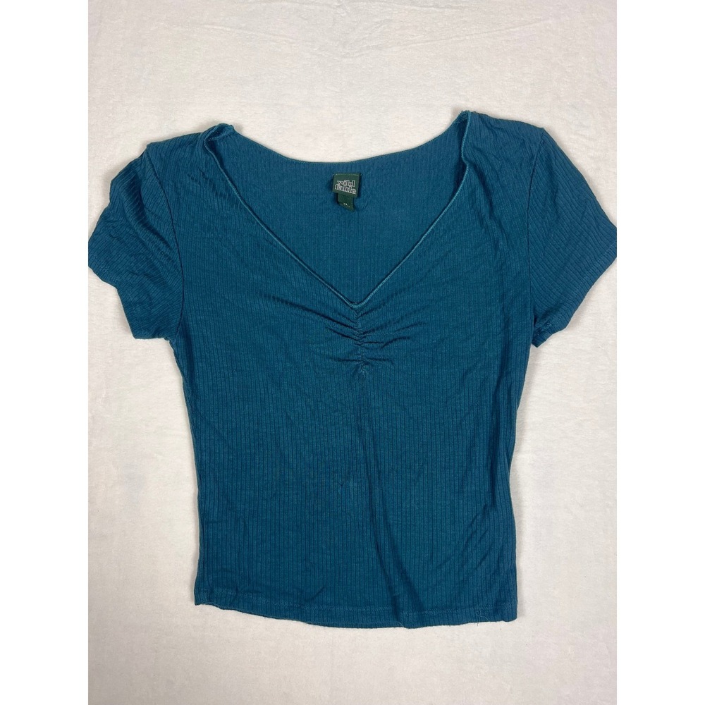 Wild Fable Ribbed V-Neck Top Wm XS‎ Teal Blue Cinched Y2K 00's Festival Cowgirl
